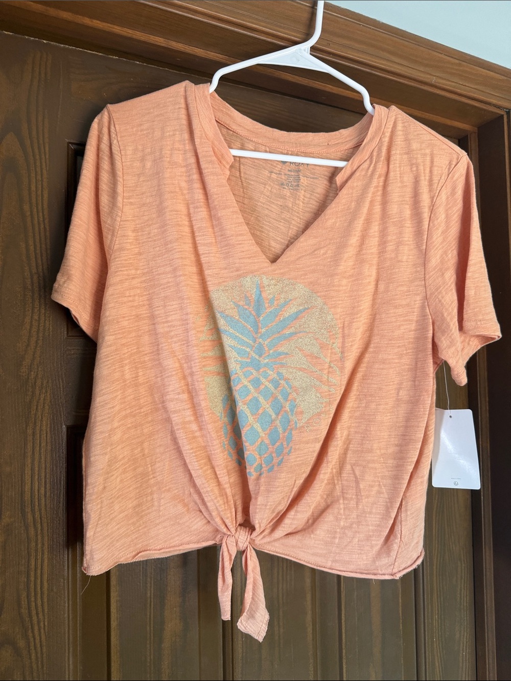 Roxy Peach Tie-Front Tee with Glitter Pineapple